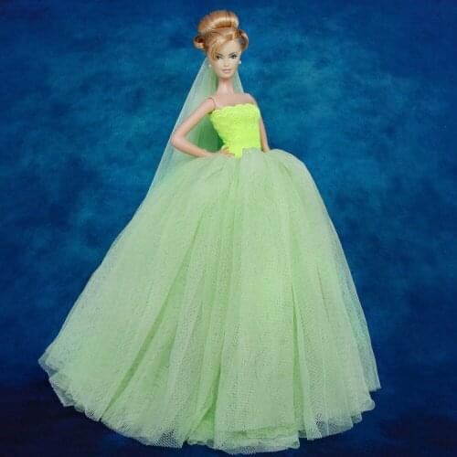 High Quality Dress Wedding Party Wear Princess Gown Skirt + Green Lace Veil Clothes for Barbie Doll Accessories Toy Kids
