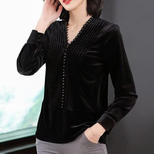 2019 Spring Fall Fashion Womens Pearls Buttons Long Sleeve V Neck Velour Shirt Blouse , Elegant Velvet Blouses Shirts For Women