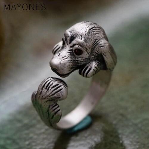 MAYONES Real 925 Sterling Silver Teddy Dog Rings For Women Red Zircon Inlaid Zodiac Retro Punk Adjustable Animal Rings