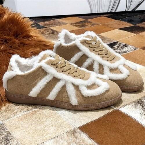 Furry Womens Lace Up Flat with Shoes Short Plush Warm Winter Loafers Female Round Toe Outside Cuasal Shoes