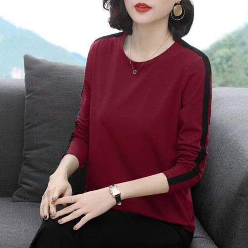 Womens Solid Color Round Neck Stitching Casual Long-sleeved T-shirt Autumn Plus Size Ladies Korean Loose Slim Bottoming Shirt
