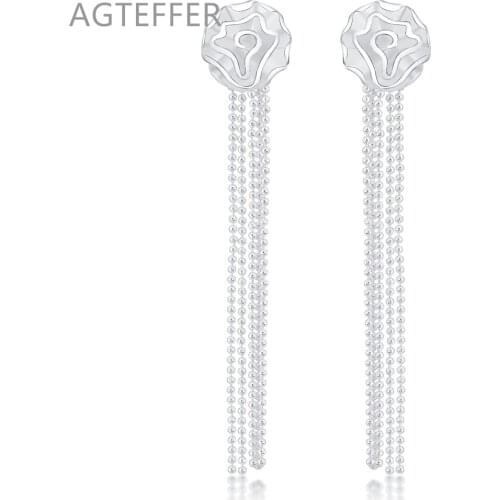 AGTEFFER 925 Sterling Silver Romantic Rose Flower Earrings for Women Fashion Smooth Bead Chain Silver Jewelry