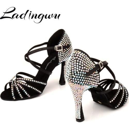 Ladingwu Customized Heel And Color Soft Woman Girls Soft Satin And Rhinestone Latin Salsa Ballroom Dance Shoes For Ladies