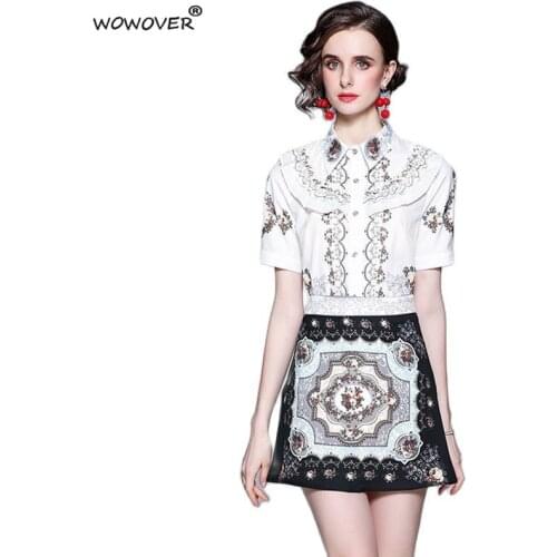 Womens Fashion Runway 2 Piece Dress Sets for Summer Elegant Lady Print Shirt Suits with Skirt Casual Vintage Outfits Female