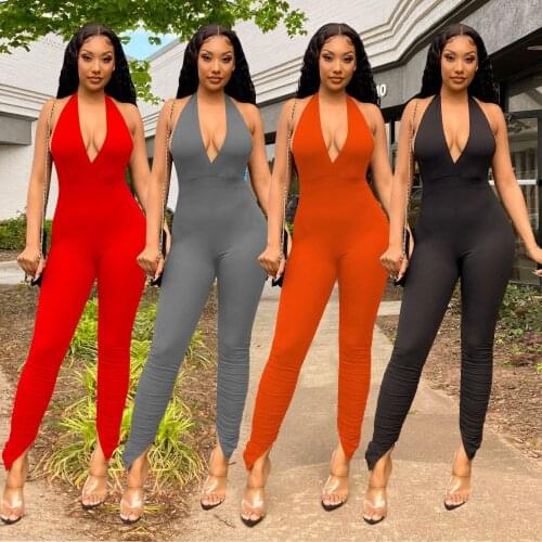 Elegant Halter Sleeveless Knitted Rib Jumpsuit Women Summer Sexy Deep V Neck Slit Hem Stacked Pants Jumpsuit Overalls Outfits