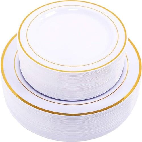 Gold Disposable Plates-Dessert/Appetizer plates with Gold Rim Real China Look for Weddings, Parties,Catering,Birthday parties