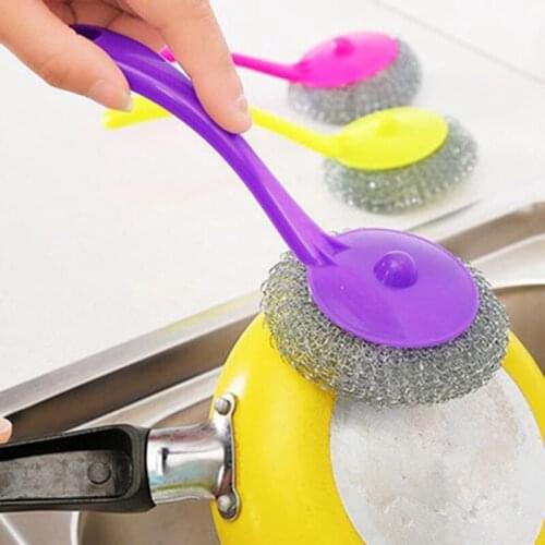 1Pcs Useful Long Handle Kitchen Pot Cleaning Brush Steel Wire Ball Hanging Scourer Home Clean Tools Random Color