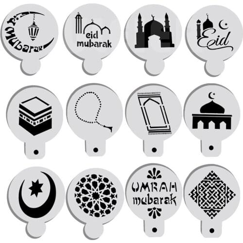 12Pcs Coffee Printing Model Mold Foam Spray Cake Mold Coffee Drawing Cappuccino Mold Powder Sieve Tool for Eid Mubarak