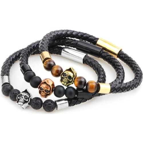 2019 Braided Genuine Leather Bracelet Bangle Mens Natural Charm Volcanic Lava Stone Gem Beads Bracelet Jewelry for Men Women
