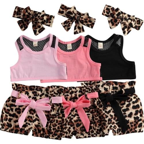 2021 Infant Kids Baby Girl Clothes Sportwear Solid Color Sleeveless Tops and Leopard Short Pants with Headband 3Pcs Set 18M-6T