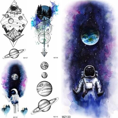 Watercolor Astronaut Temporary Tattoos Realistic Fake DIY Geometric Planets Anchor Tattoos For Adult Body Art Arm Tattoo Sticker