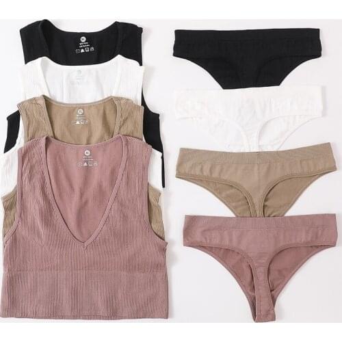 Women Bra Set Deep V Neck Brassiere Fitness Crop Top Low Waist Thong Sport Underwear Sexy Lingerie Wireless Seamless Bra