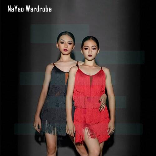 Black and Red Kids Latin Dance Dress Girls Sexy Latin Tassels Braces Skirts for Chacha Tango Belly Practice Costume H9289