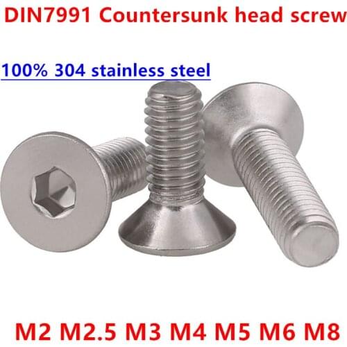 10-50pcs M2 M2.5 M3 M4 M5 M6 Hex Socket Flat Head Screw Bolt Countersunk Machine Screws 304 stainless steel DIN7991