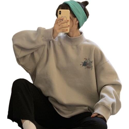 Hoodies Women Printed Turtleneck Warm Plus Velvet Oversize Kawaii Simple Females Pullover All-match Korean Style Casual Ulzzang