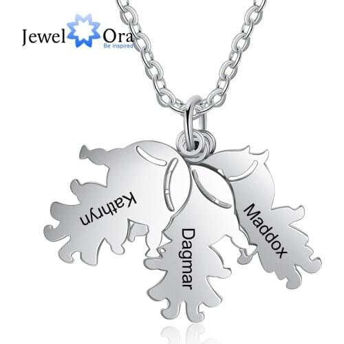 JewelOra Designer Personalized Engraved Necklace with Boy Girl Charms Custom Children Kid Name Stainless Steel Pendant for Women