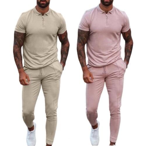 Hot Sales Men Tracksuit Solid Color Drawstring Summer Lapel T-shirt Pockets Pants for Fitness
