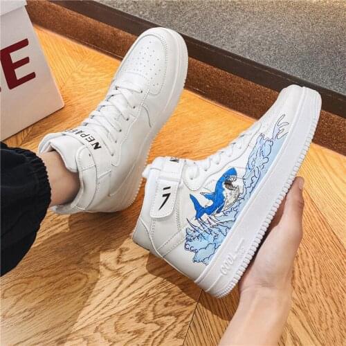 Trendy Men High Top Casual Shoes PU Leather Comfortable Breathable Board Sneakers shark Male Tide Outdoor Walking Footwear