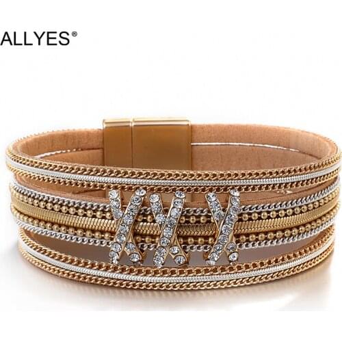 ALLYES Multilayer Leather Bracelets for Women Boho Copper Alloy Chain Crystal 3 X Rhinestone Charm Wrap Bracelet Jewelry
