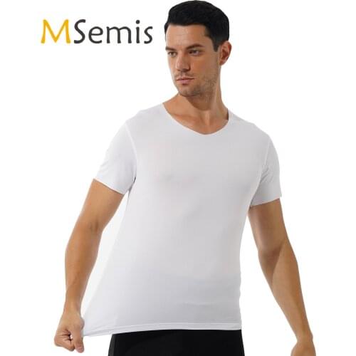 Mens Classic Casual Thin Stretchy Slim Fit Undershirt Tops Male Clothing Tops Tees Solid Color V Neck Short Sleeve T-shirt
