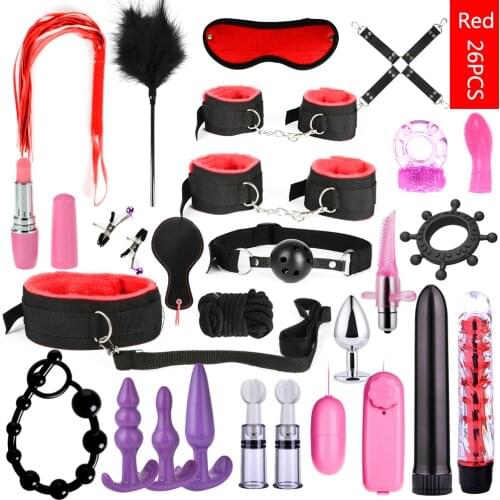 26PCS Bondage Set Sex Toys For Adults Women Men Porno Sex Handcuffs Nipple Clamps Whip Mouth Gag Rope Dildo Vibrator Erotic Toys