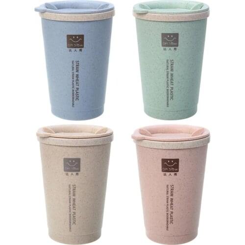 Portable Wheat Straw Coffee Water Cup with Straws Multi-Functional Double Lid Cola Coffee Plastic Cup Drinking Cup Mug Travel