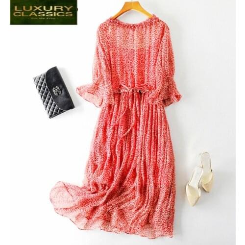 Spring 2021 New Summer 100% Real Silk Dress Women Vintage Floral Long Beach Party Dresses Bohe Red Elegant Vestidos 98007
