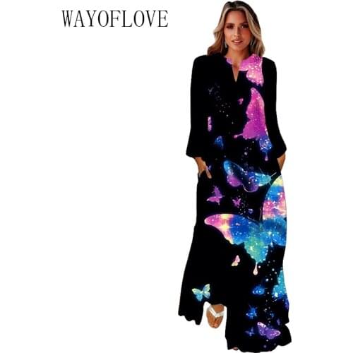 WAYOFLOVE Black 3D Butterfly Printed Autumn Dress 2021 Long Sleeve Long Dresses Woman Elegant Girls Casual Plus Size Dress Women