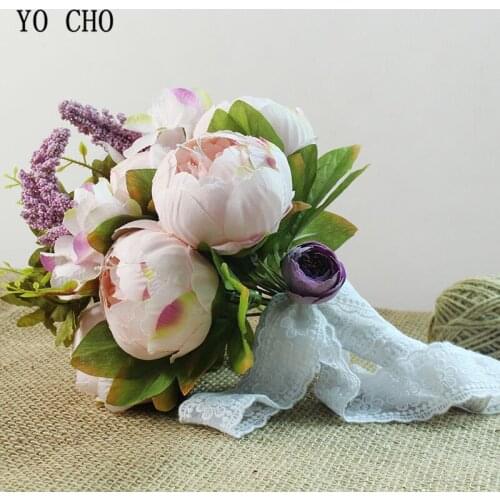 YO CHO European Style Artificial Rose Flower Wedding Bouquet Lace Decor Bridal Bridesmaids Bouquet Marriage Decoration Flowers