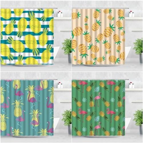 Tropical Fruit Shower Curtains Yellow Pineapple Flamingo Leaves Printing Waterproof Fabric Home Bathroom Decor Bath Curtain Set
