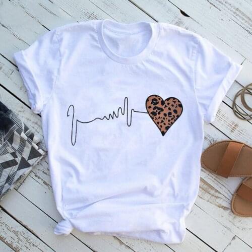 Summer New 90 s Leopard Heartbeat Short Sleeve Print Clothing Womens T-Shirt Oversized Harajuku Graphic Clothing Womens Tops