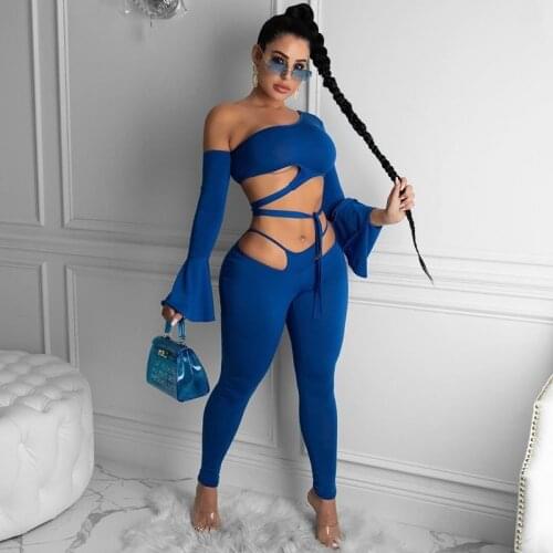 Party Bodycon Two Piece Set Women Clothing Long Flare Sleeve Crop Top and Pants Set Sexy Hollow Out Birthday Outfits for Women