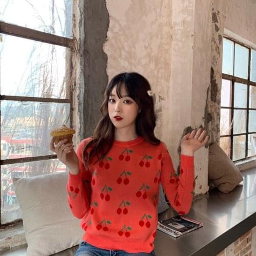 Women Cherry Vintage Pullover Sweater Plus Size Long Sleeve Female Knitted Jumper Autumn Casual Ladies Top