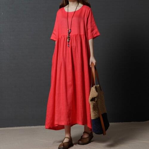 Summer New Linen Long Dress 2020 Women Fashion Casual Vintage Dress Plus Size High Waist Vestido Loose Slim Midi Dress Oversize