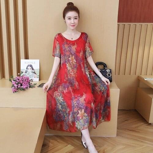 2021 Summer Women Short-sleeve Chiffon Dress O-neck High Waist Loose Floral Print Beach Long Dresses Plus Size Vestidos Y876