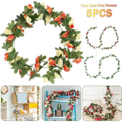 5 Pcs 2.5M Artificial Flower Hanging Rose Ivy Fake Rose Vine Flowers Garland Plant Home Hotel Wedding Party Garden Decoration