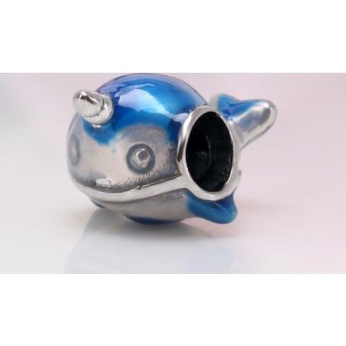 Bewill 925 Sterling Silver Blue cute whale narwhal beaded Fit Original Bracelet Pendant DIY Jewelry Charms Gift
