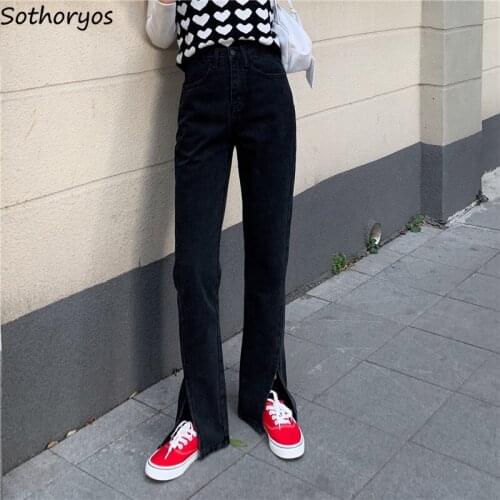Jeans Women Solid Chic Simple Loose Casual Denim Trousers Slit Streetwear Vintage High Waist All-match Retro Ulzzang Cozy Womens