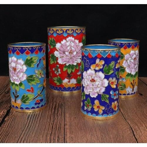 Handcraft Enamel Filigree Decoration Pen Holder Table Home Decor Chinese Cloisonne Copper Pencil Case Office Desk Accessories