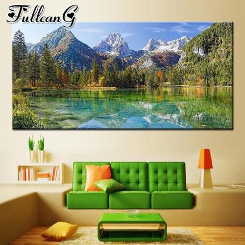 FULLCANG natural mountain lake diy full square round drill large diamond painting scenery mosaic embroidery sale decor FC2376