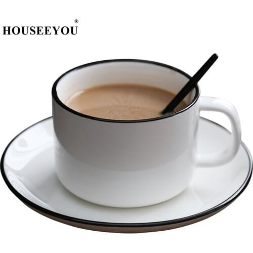 HOUSEEYOU Special Offer Bone China Coffee Cup And Saucer Set Brief Phnom Penh White Procelain Black Edge Europe Style Coffee Cup