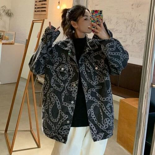 Harajuku Vintage Chain Print Denim Jacket Women Fall Loose Casual Blue Long Sleeve Jeans Jacket Female Basic Coat Chaqueta Mujer