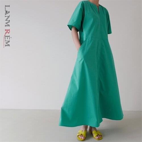 LANMREM 2021 New Slim Dress Over The Knee Long V-neck Temperament Womens Department Underpants Fashion Solid Color 2T1433