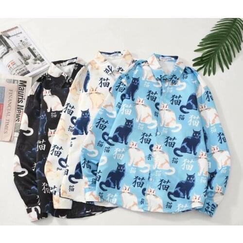 Summer Mens Shirts Fashion Japan Style Trend Streetwear Long Sleeve Cute Cat Shirts Men Casual Harujuku Men Clothing Tops Shirt