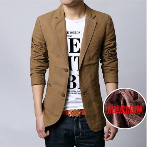 Plus Size M-6XL Winter Thick Fleece Mens Casual Slim Fit Blazer Two Buttons Suits Jacket Men Outwear Masculine Blazer FS-122