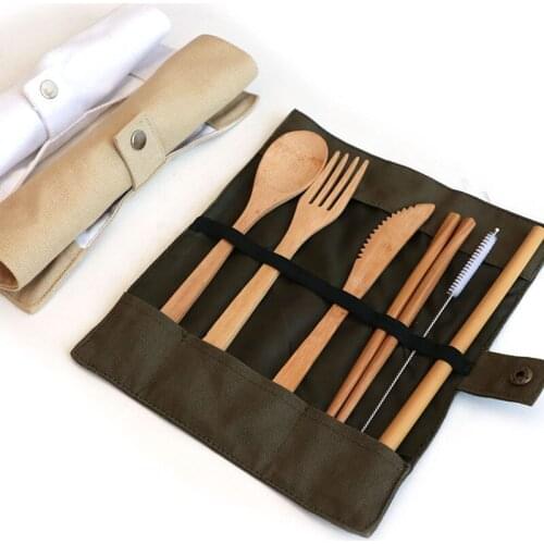 Eco Friendly Japanese Bamboo Travel Cutlery Set Spoon Fork and Knife Chopsticks Straw In Canvas Bag Dinnerware Camping