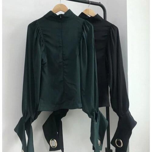 New Spring Shirts For Women Metal Ring Ribbon Lantern Long Sleeve Stand Collar Loose Blouses Fashion Casual Streetwear