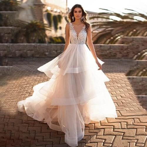 A Line Ruffles Wedding Dresses Boho Sweep Train Sleeveless Appliques Bridal Gowns Custom Made Sexy Backless Robe De Marriage
