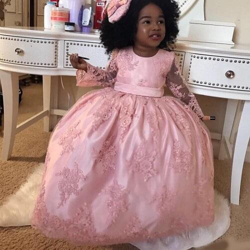 Pageant Dresses For Girls 2020 Pink Lace Illusion Long Sleeve Flower Girl Dresses For Weddings With Bow Sash First Communion