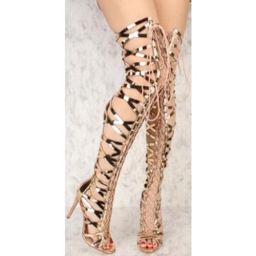 Sexy Lace-up Boots Over the Knee Gladiator Women Sandals Boots Fashion Gold Cross-tie Lady Long Boots Large Size Sandals